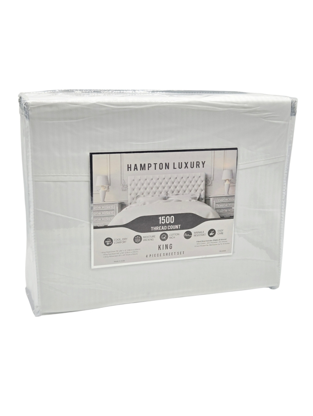Hampton Luxury King Size 4pc White Sheet Set 1500 Thread Count‎ Cotton Blend
